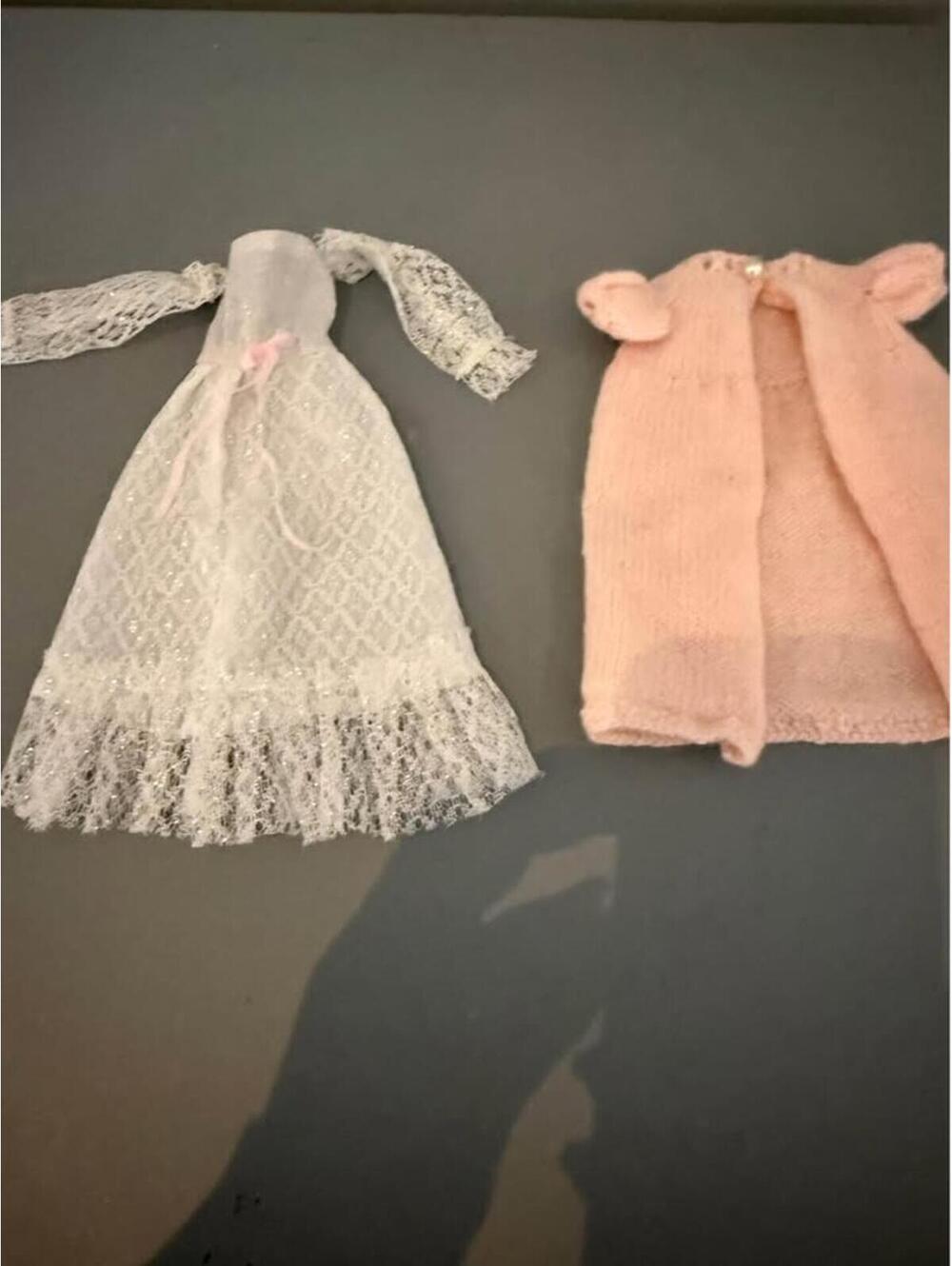 Vintage 1970s Barbie wedding dress and hand knit coat with Pearl button